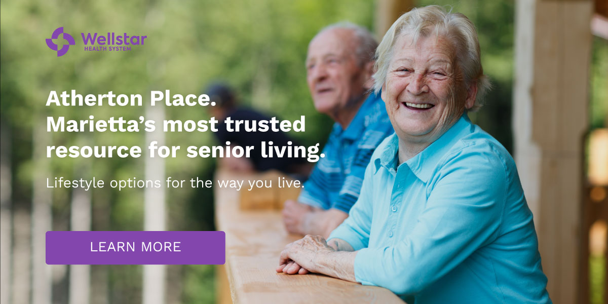 Image says, "Atherton Place. Marietta's most trusted resource for senior living. Lifestyle options for your way of life." The image has a button that reads "LEARN MORE" to tap for more information.